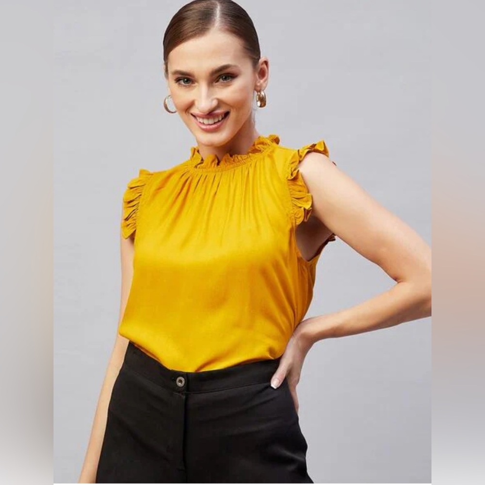 Who What Wear sleeveless ruffle high neck button back mustard blouse